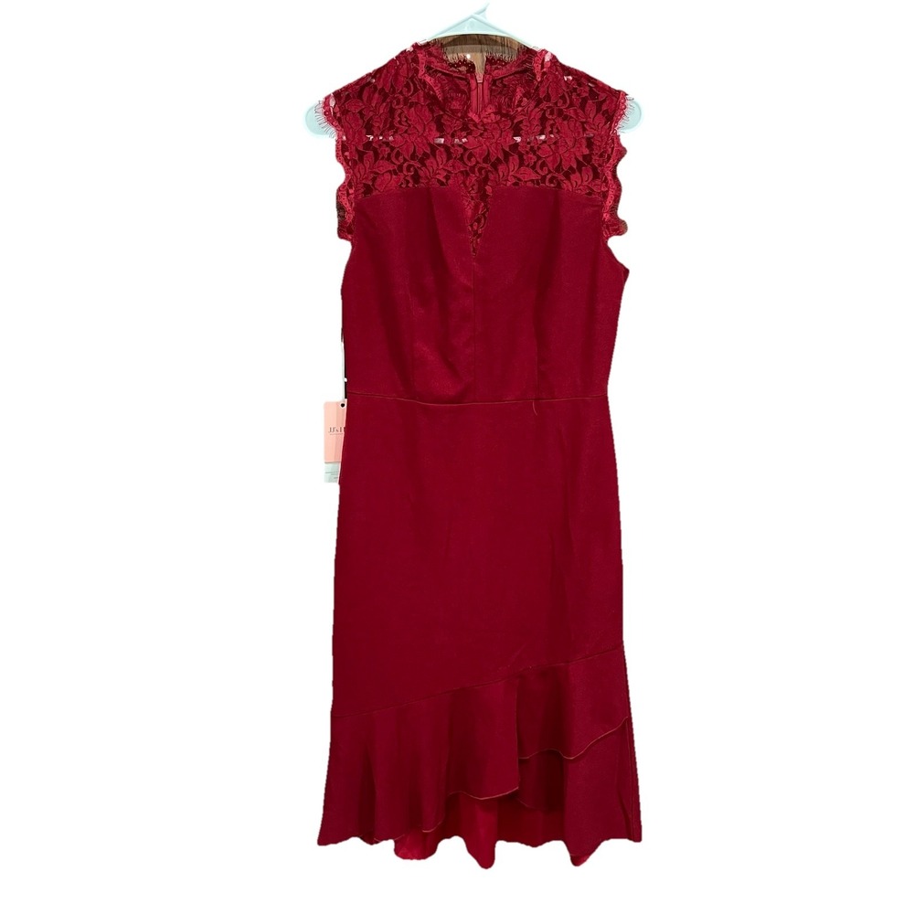 JJ's House Lace‎ Mock Neck Ruffle Hem Party Dress Red Sleeveless Sz M
